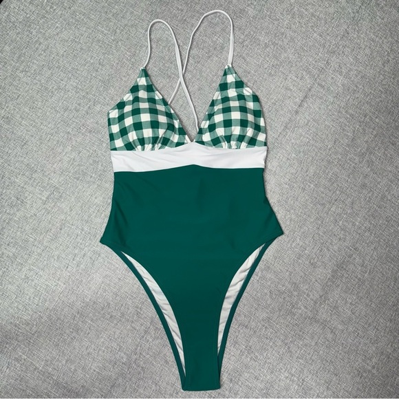 Cupshe Gingham Lace Up One Piece Swimsuit Green White Print Medium NWT - Picture 3 of 11